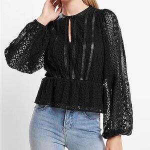 Express Black Lace Long Sleeve Peplum Blouse